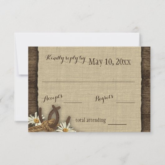 Hoefijzers en Daisies Rustieke Burlap Reactie RSVP Kaartje (Voorkant)