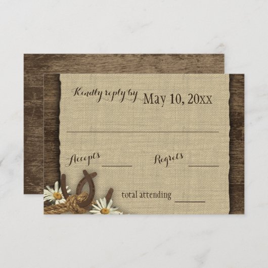 Hoefijzers en Daisies Rustieke Burlap Reactie RSVP Kaartje (Voorkant / Achterkant)
