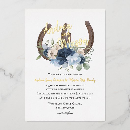 Hoefijzers en mosterdblauw folie uitnodiging (Voorkant)