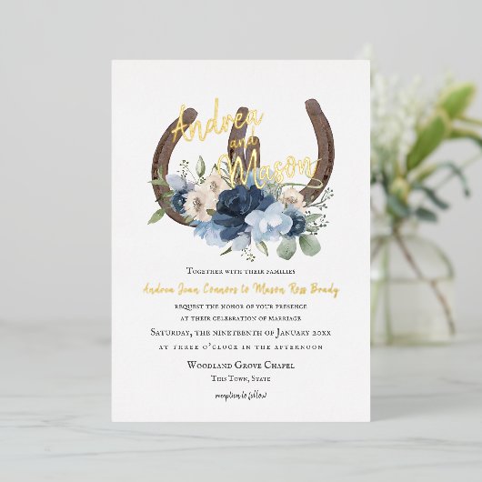 Hoefijzers en mosterdblauw folie uitnodiging (Staand Voorkant)