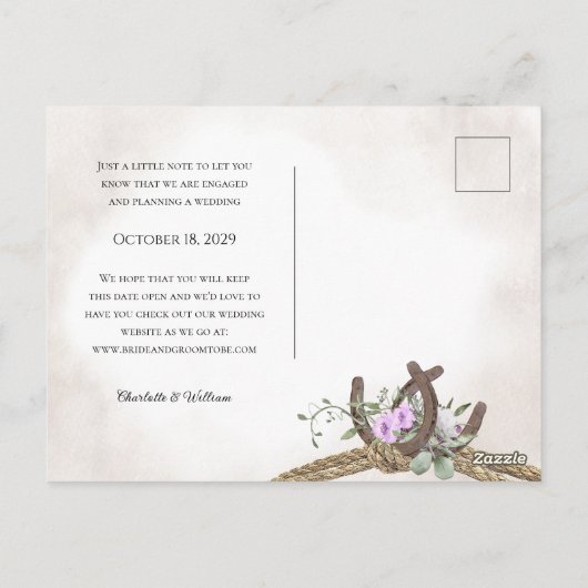 Hoefijzers en Touw Bloemen Save The Date Briefkaart (Achterkant)
