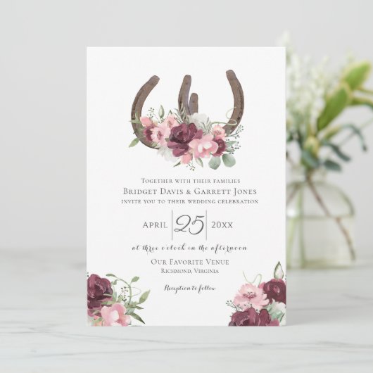Hoefijzers Floral Burgundy Pink Wedding Kaart (Staand voorkant)