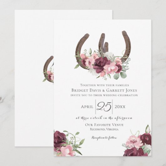 Hoefijzers Floral Burgundy Pink Wedding Kaart (Voorkant / Achterkant)