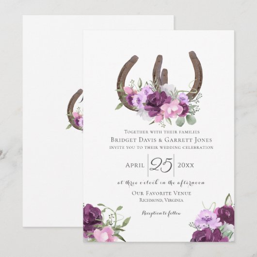 Hoefijzers Floral Paarse bruiloft Kaart (Voorkant / Achterkant)