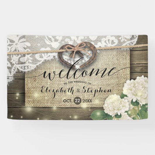 Hoefijzers Hydrangea Rustic Wood Weddenschap Welko Spandoek (Horizontaal)