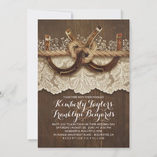 Hoefijzers Lace Wood Rustic Country Wedding Kaart (Voorkant)