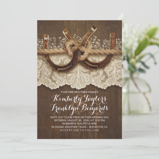Hoefijzers Lace Wood Rustic Country Wedding Kaart (Staand voorkant)