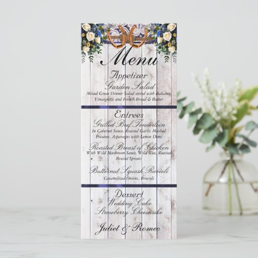 Hoefijzers, Lint & Kant - Blue Wedding Menu (Staand voorkant)