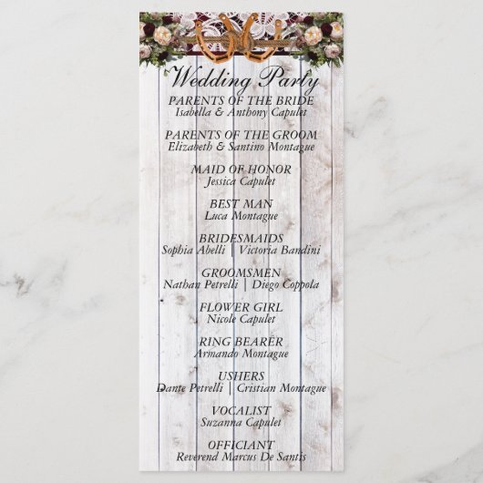 Hoefijzers, lint & kant - Bourgondische bruiloft Programmakaart (Achterkant)