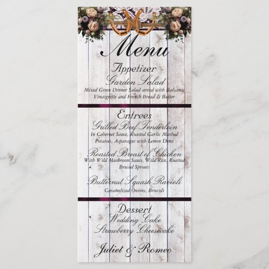 Hoefijzers, lint & kant - Paarse bruiloft Menu (Voorkant)