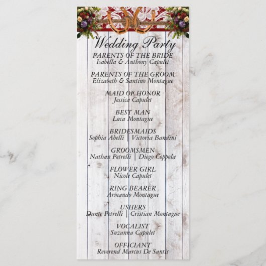 Hoefijzers, Lint & Kant - Rode bruiloft Programmakaart (Achterkant)