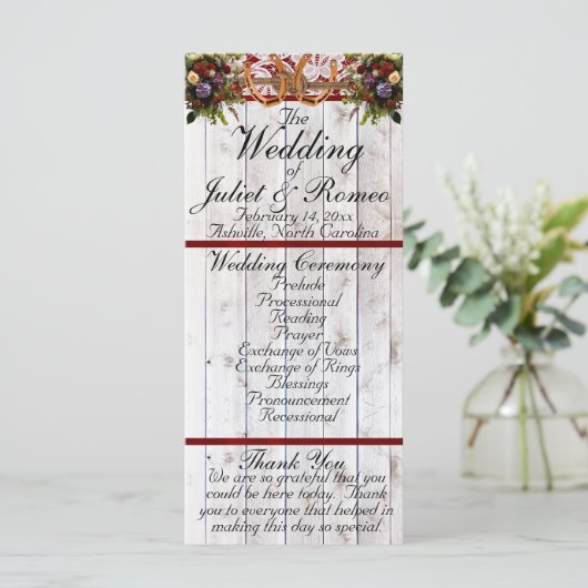 Hoefijzers, Lint & Kant - Rode bruiloft Programmakaart (Staand voorkant)