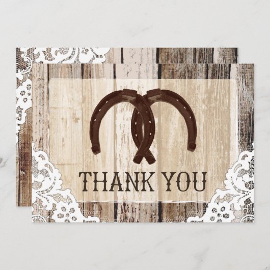 Hoefijzers Rustic Wood en Lace Hartelijk dank Bedankkaart (Voorkant / Achterkant)