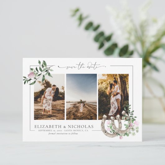 Hoefijzers Shamrock Greenery | 3 Fotobruiloft Save The Date (Staand voorkant)