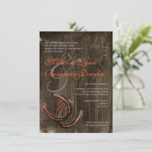 Hoefijzers van het land Rustic Ver2 Wedding Invita Kaart (Staand voorkant)
