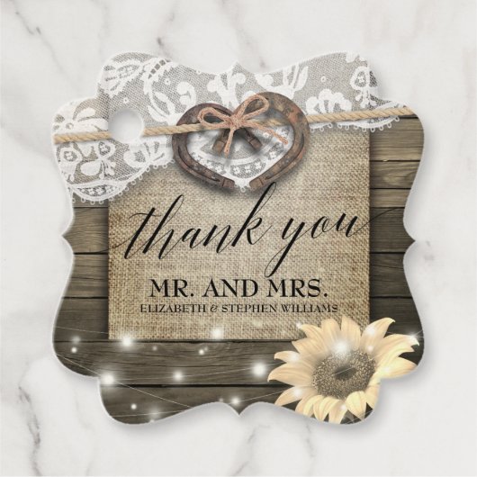 Hoefijzers Zonnebloem Hout Weduwschap Dank je Bedankjes Labels (Voorkant)