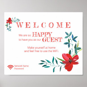Hoek Rode Bloemen Welkom Gast Wifi Wachtwoord Poster