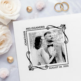 Hoek Swirls Huwelijk Save the Date Aangepaste Foto Zelfinktende Stempel