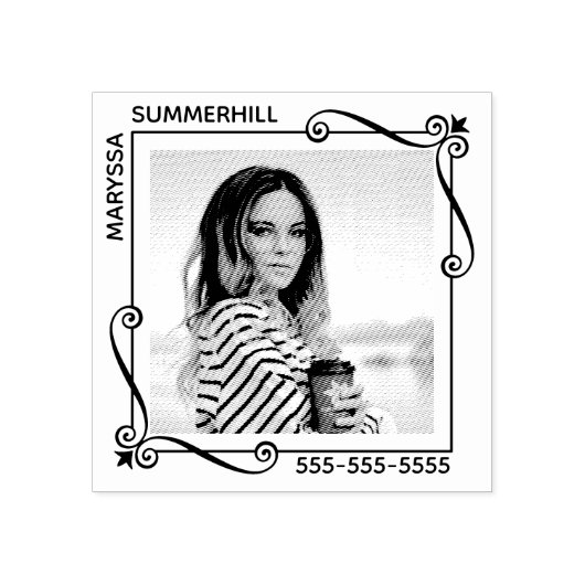 Hoek Swirls Vierkant Lijst aangepaste fototekst Rubberstempel (Afrduk)