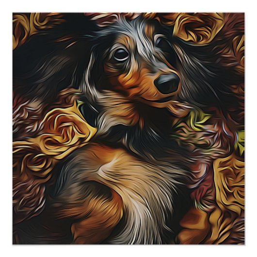 Hoekportret van Dachshund dat op het veld ligt Perfect Poster (Voorkant)