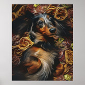 Hoekportret van Dachshund dat op het veld ligt Poster (Voorkant)