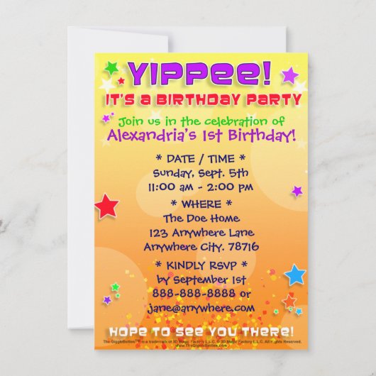 Hoera! Birthday nodigt u uit met "The GiggleBellie Kaart (Achterkant)