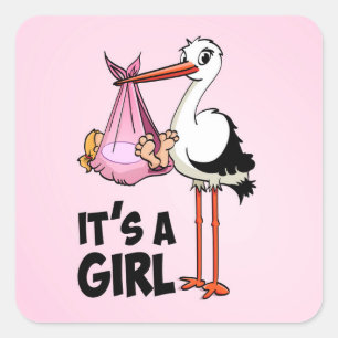 Hoera een meisje - ooievaar met baby ronde sticke vierkante sticker