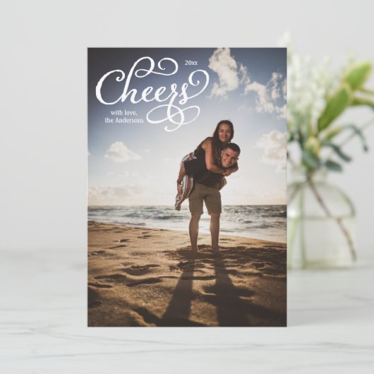 Hoera Elegant Script Fotokaart Bedankkaart (Staand voorkant)