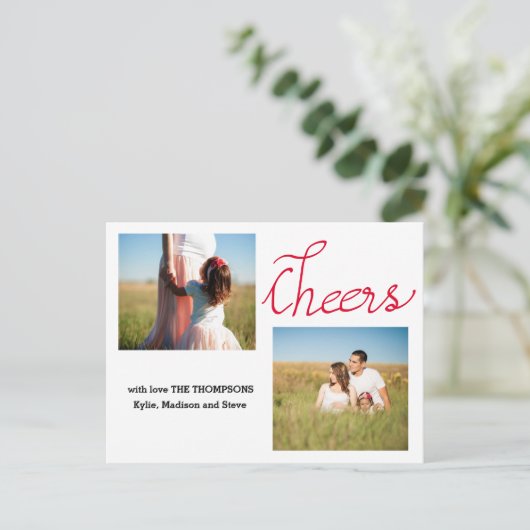 Hoera Modern Script Twee Vakantiefoto Feestdagenkaart (Staand voorkant)