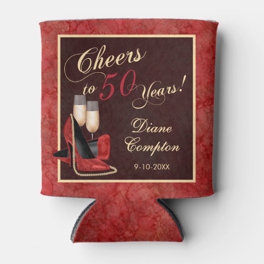 Hoera voor 50 jaar rood goud zwart blikjeskoeler (Voorkant)