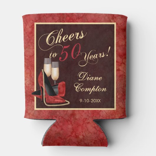 Hoera voor 50 jaar rood goud zwart blikjeskoeler (Achterkant)