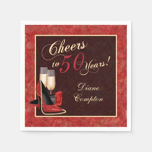 Hoera voor 50 jaar rood goud zwart servet (Voorkant)