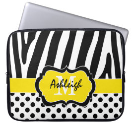 Hoesje met gele zwarte Zebra Stripes Polka Dots-la Laptop Sleeve