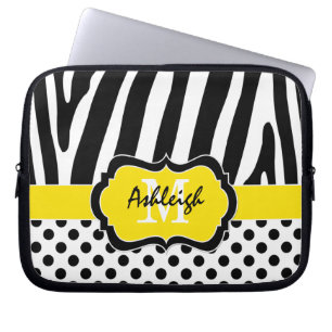 Hoesje met gele zwarte Zebra Stripes Polka Dots-la Laptop Sleeve