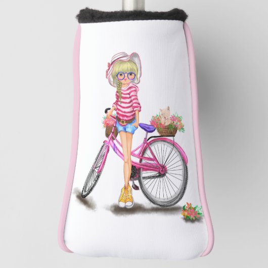 Hoesje van de Golfkop van Blonde Girl met roze bik Golfheadcover (Draai 90)