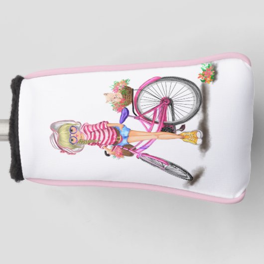 Hoesje van de Golfkop van Blonde Girl met roze bik Golfheadcover (Voorkant)