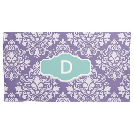 Hoesjes van Monogram Paarse Damask Pillow Kussensloop (Voorkant-Links)