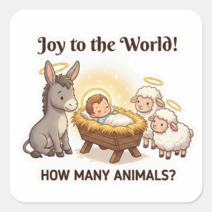 Hoeveel Dieren? – Schattige Kerststal Kerstmis Vierkante Sticker