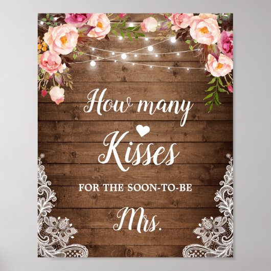 Hoeveel Kisses Rustic Vrijgezellenfeest Game Sign Poster (Voorkant)