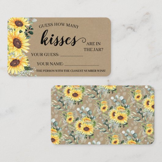 Hoeveel kussen bruidsfeest zonnebloemen spelkaart plaatskaartje (Voorkant / Achterkant)