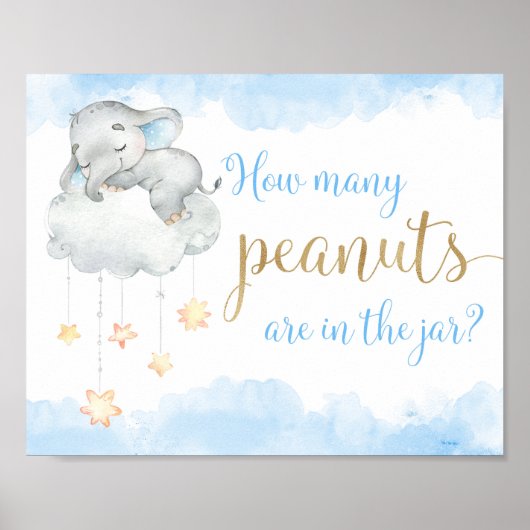Hoeveel pinda's blauw olifantenbaby shower poster (Voorkant)