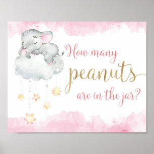 Hoeveel pinda's roze olifant baby shower poster