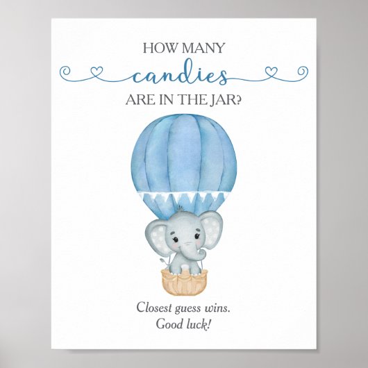 Hoeveel Snoepjes Blue Elephant Baby shower Game Poster (Voorkant)