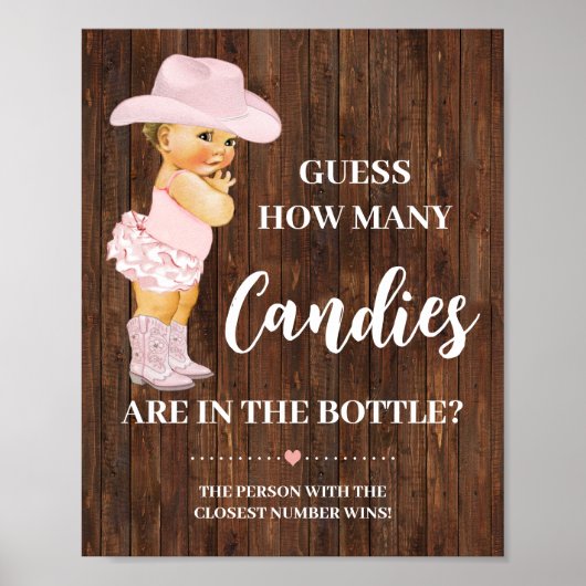 Hoeveel Snoepjes Cowgirl Baby shower Game Sign. Poster (Voorkant)