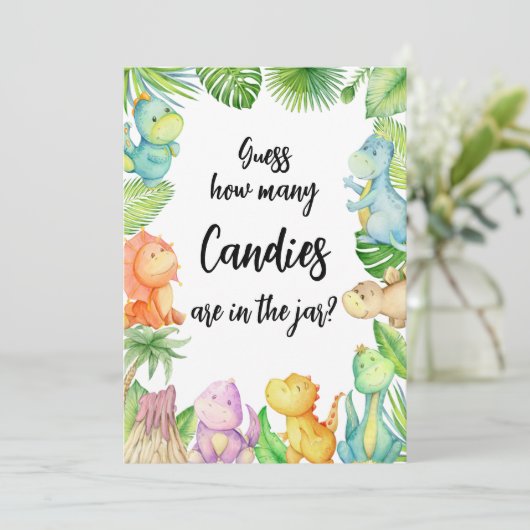 Hoeveel Snoepjes in Jar Dinosaur Baby shower Kaart (Staand voorkant)