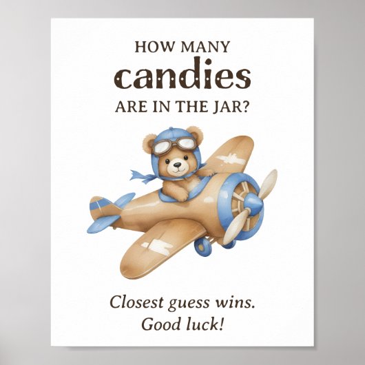 Hoeveel Snoepjes Teddy Bear Pilot Baby Boy Shower Poster (Voorkant)