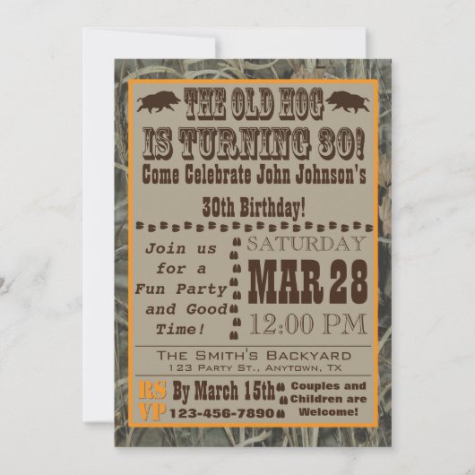 Hog Hunting 30th Birthday Invitation with Camo Kaart (Voorkant)