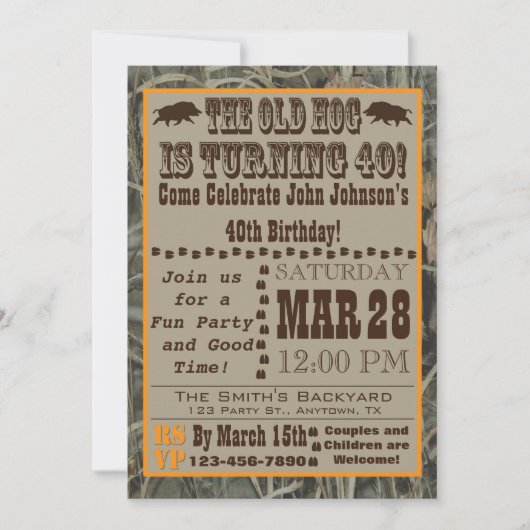 Hog Hunting 40th Birthday Invitation with Camo Kaart (Voorkant)