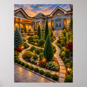 Hoge cipressentuin naast een gloeiende villa poster