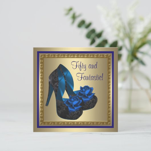 Hoge Hakken Schoenen Koningsblauw Goud Verjaardags Kaart (Staand voorkant)